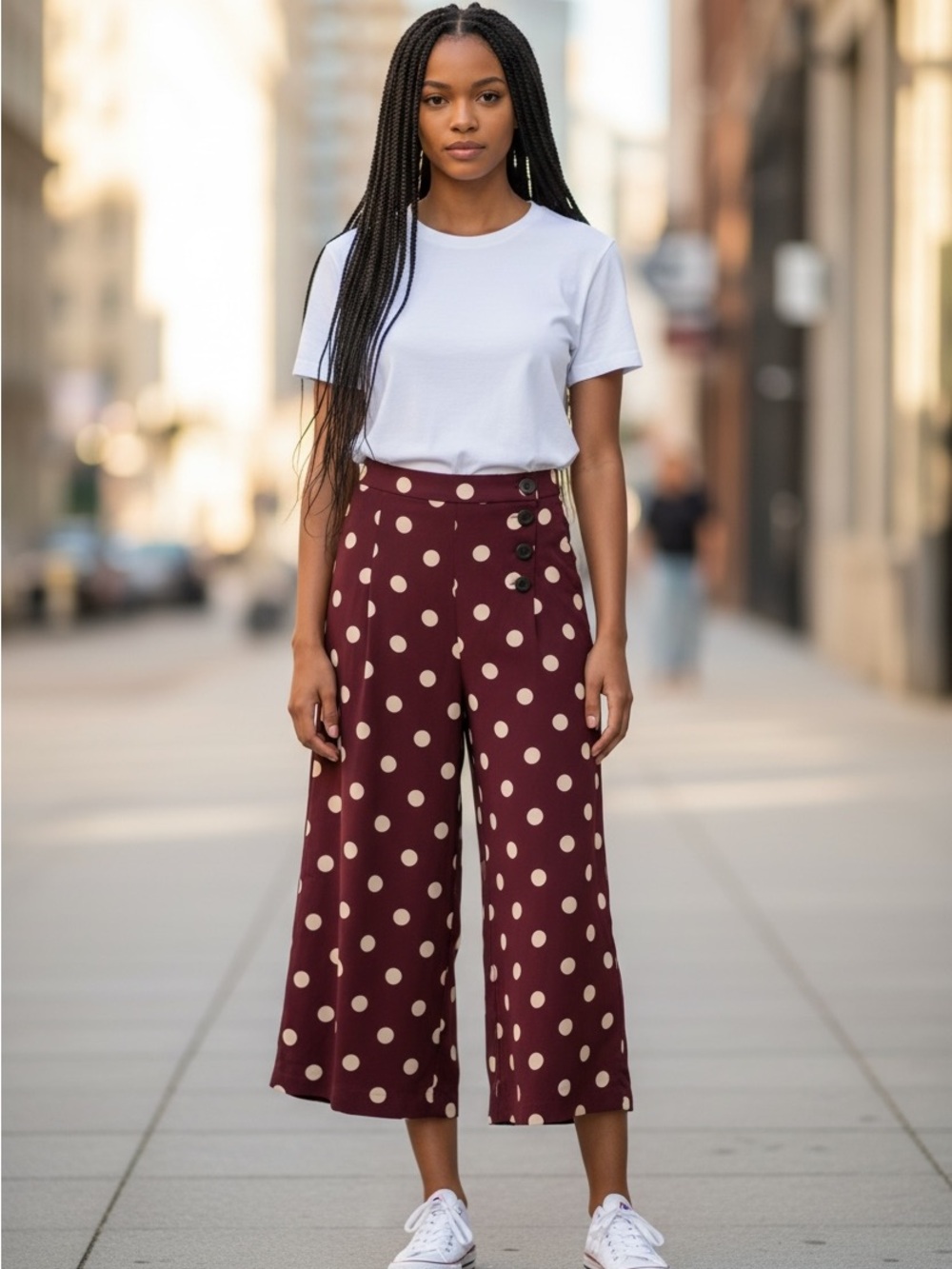 Zara Burgundy Polka Dot Cropped Wide-Leg Pants
